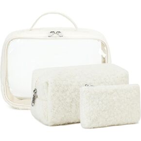 Bluboon 3 Pcs Makeup Bag Travel Toiletry Bags Clear Cosmetic Bag Gift for Girls Women Waterproof Make Up Purse Zipper Pouch (Corduroy strawberries)