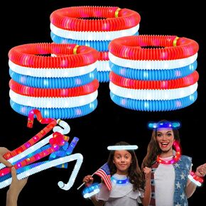 Fourth of July Glow Sticks Accessories for Kids 9 PCS, Red White Blue Light up Pop Tubes Bracelets Necklaces Toys, 4th of July Parade Throws Favors, Patriotic Party Supplies Items for Decorations