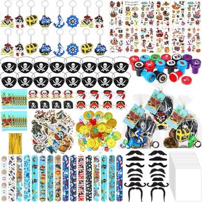 Spakon 280 PCS Pirate Party Fords Suppors Decoration Decoration تشمل القراصنة مفاتيح حلقة العيون اللحية الوشم الملصق Gold Coin Gems Card Card for 16 Kids Piñata goodie fillers