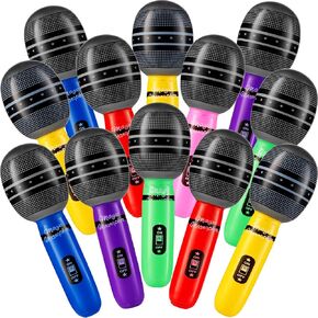 Inflatable Microphones for Parties - (Pack of 24) 10-inch Neon Colors Blow Up Microphone for Kids, Party Favors, Giveaways, DJ-Props, Photo-Booth, Birthdays, Dance, Sing Concert, Karaoke Decorations