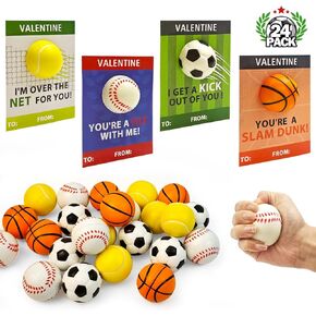 Ball Ball Valentines بطاقات هدايا للأطفال الفصول الدراسية -24 حزمة ، ألعاب رياضية Mini Foam مع بطاقات التبادل لمدرسة Boys ، Valentines Goodie Bag Suited Class.