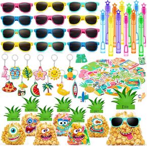 98 Hawaiian Luau Party Favors Summer Birthday Supplies Sunglasses Bubble Wands Gift Bags Keychains Stickers Theme Toy Kid Boy Girl Goodie Bag Stuffers Pool Beach Aloha Tropical Party Favors