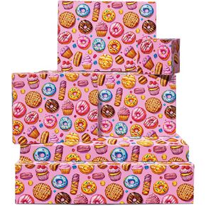 CENTRAL 23 Food Wrapping Paper - Donut Cupcake Macaron Pattern - 6 Sheets Of Gift Wrap - Pink Wrapping Paper For Women - Comes With Stickers