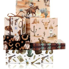Cowboy Wrapping Paper, 6 Sheets Western Cowboy Wrapping Paper, 20 x 28 inch Per Sheet Wild West Desert Cactus Gift Wrap with 1 Roll Brown Ribbon For Wild West Birthday Country Cowboy Cowgirl Party