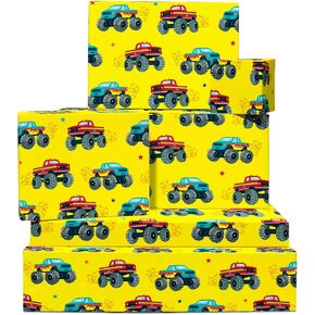 Central 23 Boys Wrapp Paper Birthday - Monster Truck Wrapp Paper - 6 أوراق من التفاف الهدايا - أصفر - للأطفال الصغار الصغار - يأتي مع ملصقات - قابلة لإعادة التدوير