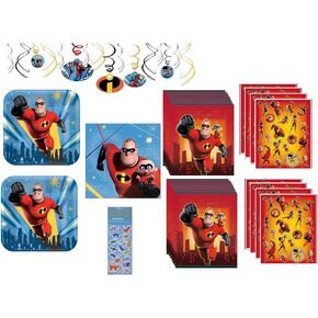 The Incredibles Birthday Party Supplies Bundle Pack Includes 16 Paper Plates, 16 Napkins, 12 Piece Hanging Swirl Decorations, 16 Loot Bags, 8 Sticker Sheets