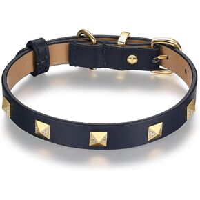 Scamper & Co برونزية 18K صفراء الذهب مطلي بالذهب من الجلد الأصلي مع الألياف الدقيقة الهرم الهرم الهرم طوق الكلب الكلب - الهرم الفاخرة تفاصيل طوق للحيوانات الأليفة نغمة الذهب لعشاق الحيوانات الأليفة ، 16 بوصة أسود