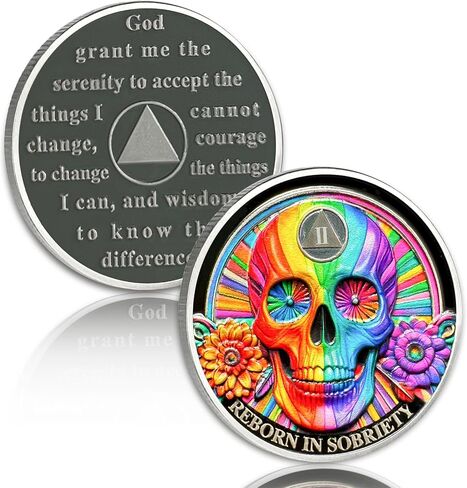 Rainbow Skull 2 Year Sobriety Coin Double Flower Two Year Sobriety Chip AA Chips and Medallion AA Coin Serenity Prayer Coin Recovery Chip Sobriety Token Sobriety Gifts for Men Women in Saudi Arabia