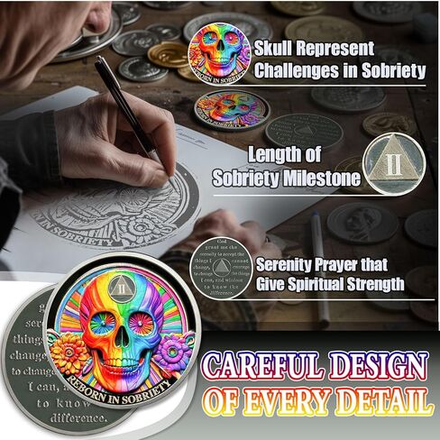 Rainbow Skull 2 Year Sobriety Coin Double Flower Two Year Sobriety Chip AA Chips and Medallion AA Coin Serenity Prayer Coin Recovery Chip Sobriety Token Sobriety Gifts for Men Women in Saudi Arabia