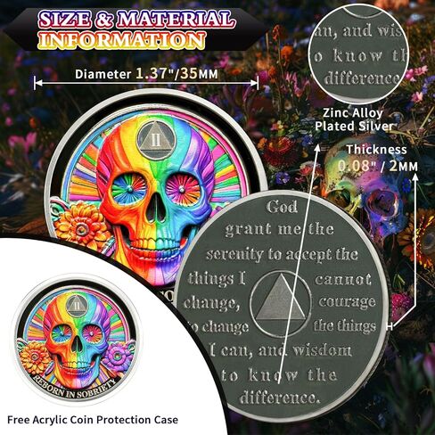 Rainbow Skull 2 Year Sobriety Coin Double Flower Two Year Sobriety Chip AA Chips and Medallion AA Coin Serenity Prayer Coin Recovery Chip Sobriety Token Sobriety Gifts for Men Women in Saudi Arabia