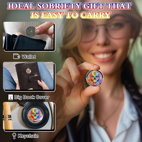 Rainbow Skull 2 Year Sobriety Coin Double Flower Two Year Sobriety Chip AA Chips and Medallion AA Coin Serenity Prayer Coin Recovery Chip Sobriety Token Sobriety Gifts for Men Women in Saudi Arabia