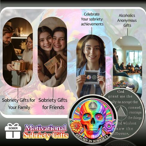 Rainbow Skull 2 Year Sobriety Coin Double Flower Two Year Sobriety Chip AA Chips and Medallion AA Coin Serenity Prayer Coin Recovery Chip Sobriety Token Sobriety Gifts for Men Women in Saudi Arabia