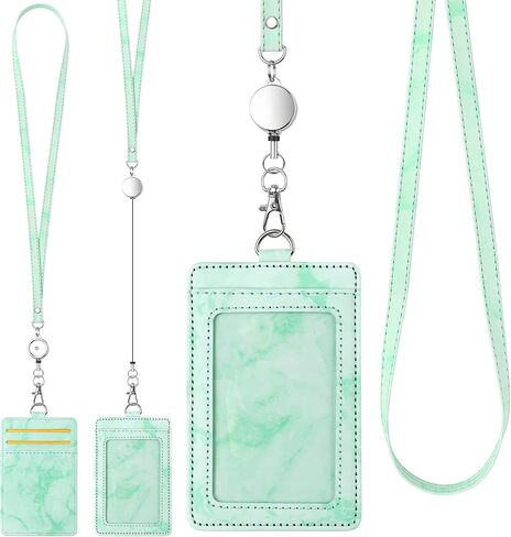 ID Badge Holder with Lanyard Marble Pattern Retractable Badge Holder PU Leather with Clear ID Window 1 Credit Card Case Name Badge Keychain Tags Protector for Women Nurse Teacher Office (Blue) in Kuwait