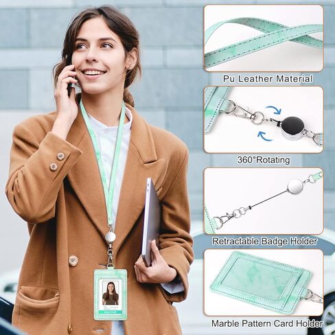 ID Badge Holder with Lanyard Marble Pattern Retractable Badge Holder PU Leather with Clear ID Window 1 Credit Card Case Name Badge Keychain Tags Protector for Women Nurse Teacher Office (Blue) in Kuwait