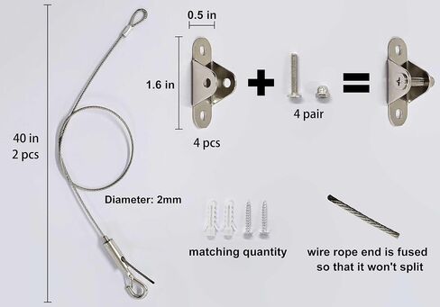 6 Sets Adjustable Hanging Wire Kit, Stainless Steel Multipurpose Suspension Wire Cable with Hook, Heavy Duty Anchor For Furniture, Light, Lamp, Picture, Mirror Secure to Wall or Ceiling, 20in in Kuwait