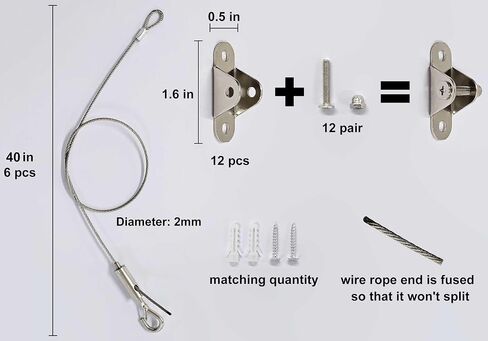 6 Sets Adjustable Hanging Wire Kit, Stainless Steel Multipurpose Suspension Wire Cable with Hook, Heavy Duty Anchor For Furniture, Light, Lamp, Picture, Mirror Secure to Wall or Ceiling, 20in in Kuwait