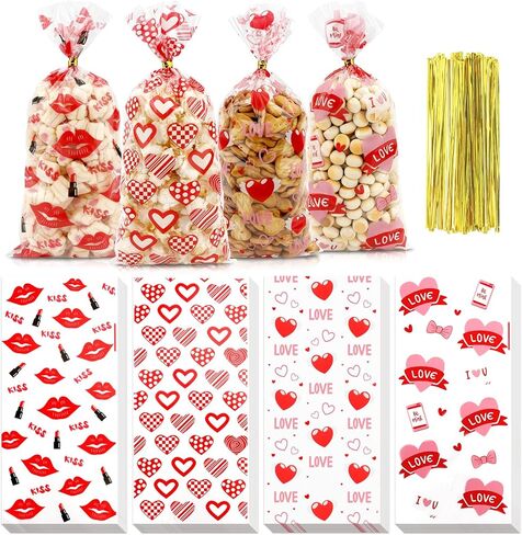 Valentine Treat Bags, Valentine Cellophane Treat Bags, Valentines Gift Bags, 60PCS Plastic Valentines Candy Bags Cookie Bags Goodie Bags with Twist Ties for Valentines Day Wedding Party Favor Supplies in Kuwait