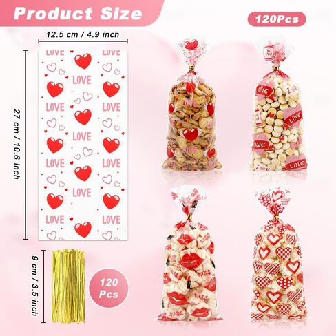 Valentine Treat Bags, Valentine Cellophane Treat Bags, Valentines Gift Bags, 60PCS Plastic Valentines Candy Bags Cookie Bags Goodie Bags with Twist Ties for Valentines Day Wedding Party Favor Supplies in Kuwait