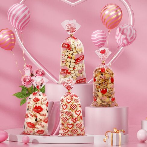 Valentine Treat Bags, Valentine Cellophane Treat Bags, Valentines Gift Bags, 60PCS Plastic Valentines Candy Bags Cookie Bags Goodie Bags with Twist Ties for Valentines Day Wedding Party Favor Supplies in Kuwait