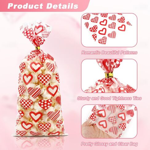 Valentine Treat Bags, Valentine Cellophane Treat Bags, Valentines Gift Bags, 60PCS Plastic Valentines Candy Bags Cookie Bags Goodie Bags with Twist Ties for Valentines Day Wedding Party Favor Supplies in Kuwait