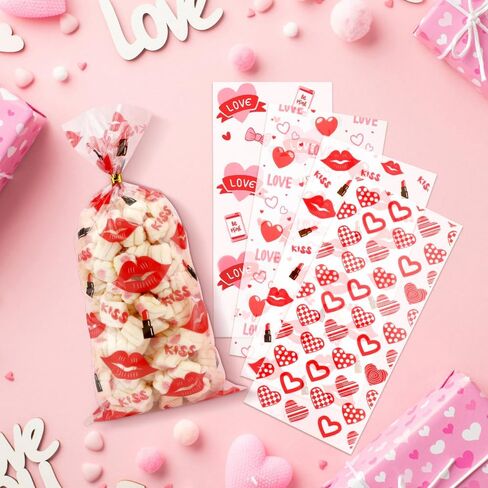 Valentine Treat Bags, Valentine Cellophane Treat Bags, Valentines Gift Bags, 60PCS Plastic Valentines Candy Bags Cookie Bags Goodie Bags with Twist Ties for Valentines Day Wedding Party Favor Supplies in Kuwait