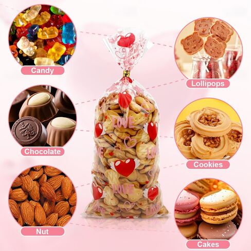Valentine Treat Bags, Valentine Cellophane Treat Bags, Valentines Gift Bags, 60PCS Plastic Valentines Candy Bags Cookie Bags Goodie Bags with Twist Ties for Valentines Day Wedding Party Favor Supplies in Kuwait