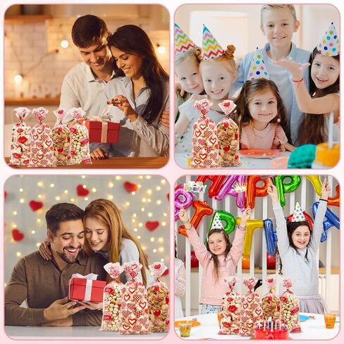 Valentine Treat Bags, Valentine Cellophane Treat Bags, Valentines Gift Bags, 60PCS Plastic Valentines Candy Bags Cookie Bags Goodie Bags with Twist Ties for Valentines Day Wedding Party Favor Supplies in Kuwait