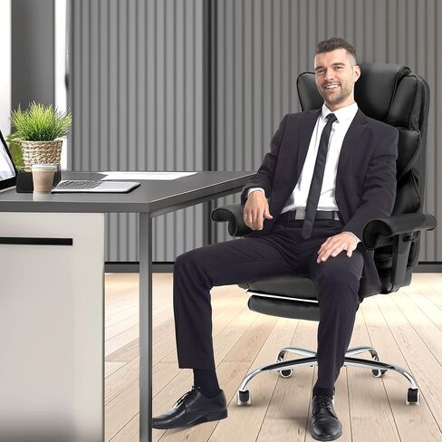 HOMREST 6-Point Massage Office Chair,Heating Executive Chair,Ergonomic Home Office Desk Chair with Retractable Footrest and Reclining Function,Leather Computer Chair with Adjustable Armrest(Gray) in Saudi Arabia