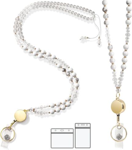 Retractable Lanyards for ID Badges and Keys, Natural Stone Crystal Teacher Lanyard for Women, Handmade ID Beaded Holders, Breakaway Cute Lanyard for Cruise, School, Office (Morganite) in Saudi Arabia