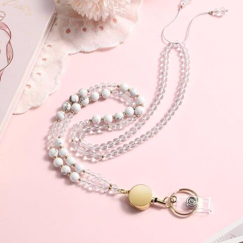 Retractable Lanyards for ID Badges and Keys, Natural Stone Crystal Teacher Lanyard for Women, Handmade ID Beaded Holders, Breakaway Cute Lanyard for Cruise, School, Office (Morganite) in Saudi Arabia