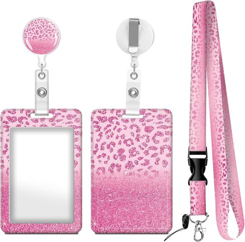 ID Badge Holder with Lanyard, Retractable Badge Holders Reels with Lanyards Adjustable, for Women Kids Teacher Nurses Doctor Student(Pink Leopard Pattern) in Saudi Arabia