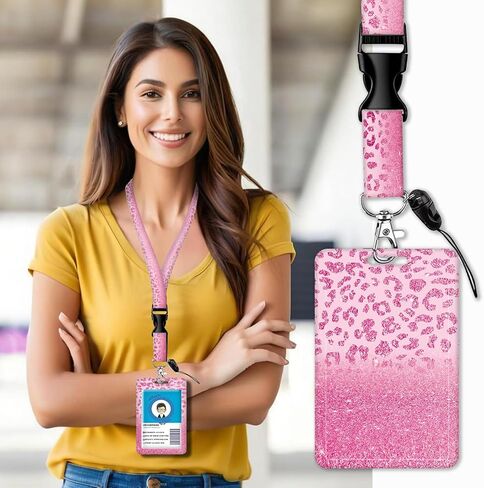 ID Badge Holder with Lanyard, Retractable Badge Holders Reels with Lanyards Adjustable, for Women Kids Teacher Nurses Doctor Student(Pink Leopard Pattern) in Saudi Arabia