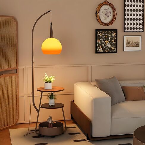 Bofea-Modern Orange Floor Lamp for Living Room,Mid Century Tall Lamps with Tea Table & Storage Bucket,Fishing Standing Lamp with Glass Lampshade,Mid Century Floor Lamp for Bedroom Corner. in Saudi Arabia