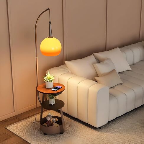 Bofea-Modern Orange Floor Lamp for Living Room,Mid Century Tall Lamps with Tea Table & Storage Bucket,Fishing Standing Lamp with Glass Lampshade,Mid Century Floor Lamp for Bedroom Corner. in Saudi Arabia