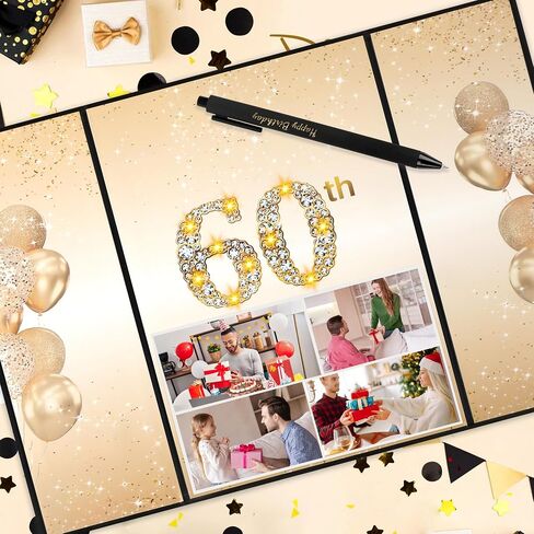 Farochy 60th Birthday Signature Guest Book Black Gold Birthday Card, Birthday Sign in Book Happy 60th Birthday Decoration, Birthday Guest Book Birthday Signature Book in Saudi Arabia