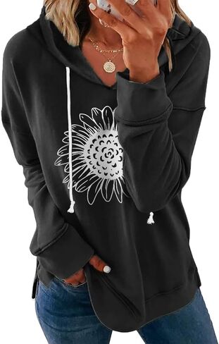 سترة نسائية بغطاء للرأس برسومات عباد الشمس وأكمام طويلة، بلوفر برباط، سترة فضفاضة مناسبة in Kuwait