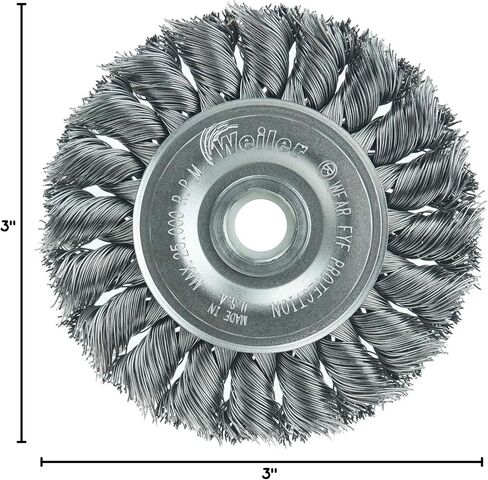 Weiler 08014 3" Standard Twist Knot Wire Wheel .014" Steel Fill 1/2"-3/8" Arbor Hole Made in the USA in Kuwait