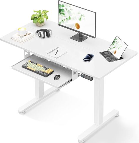 مكتب Casaottima Electric Standing مع صينية لوحة المفاتيح ، مكتب صغير قابل للتعديل 40 بوصة ، طاولة موقف للجلوس ، وكتابة مكتب الكمبيوتر للمنزل ، المكتب ، محطة العمل ، الأبيض in Kuwait