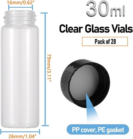 28Pcs 30ml(1oz) Small Glass Vials with White Lids Lab Sample Vials Empty Refillable Perfume Travel Mini Glass Bottles with Screw Caps for Essential Oils in Kuwait