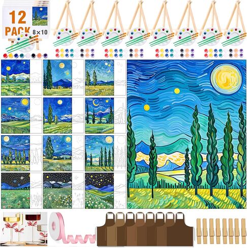 QUANWAISJ 12-Pack Painting Kit for Adults, Sip and Paint Kit for Date Night and Girls' Night, Pre-Drawn 8x10 Canvas to Paint, Paint Party Supplies, DIY Craft Kit for Beginners (Flower) in Saudi Arabia