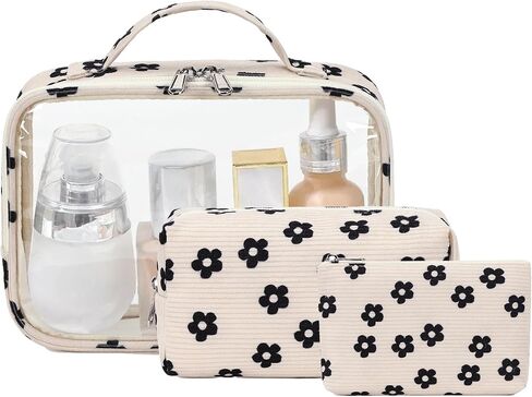 Bluboon 3 Pcs Makeup Bag Travel Toiletry Bags Clear Cosmetic Bag Gift for Girls Women Waterproof Make Up Purse Zipper Pouch (Corduroy strawberries) in Saudi Arabia