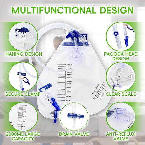 5PCSCatheter Bags for Men,Urinary Drainage Bag,2000ml Large Capacity,Reusable,Lengthened Catheters Tude,with Anti-Reflux Chamber Clips and Hanging Hook,Professional Urinary Bag for Incontinence in Kuwait