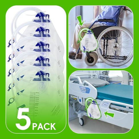 5PCSCatheter Bags for Men,Urinary Drainage Bag,2000ml Large Capacity,Reusable,Lengthened Catheters Tude,with Anti-Reflux Chamber Clips and Hanging Hook,Professional Urinary Bag for Incontinence in Kuwait