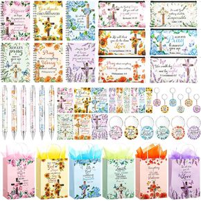54pcs Christian Gifts Set Bulk Bible Notebook Notepads Motivational Scripture Ballpoint Pen Makeup Bags Bracelet Keychain Paper Bag Bookmark for Women Easter Mother's Day Church Supplies