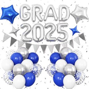 Graduation Decorations 2025 Blue Silver, GRAD 2025 Foil Balloon Banner with Royal Blue Silver Confetti Balloons, Star Balloons Pennant Flag Bunting for Class of 2025 Graduation Theme Party Supplies