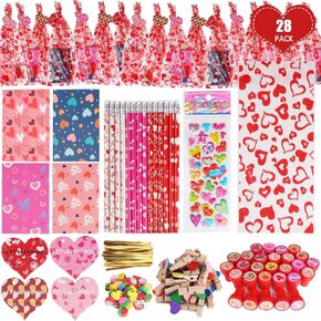 هدايا يوم عيد الحب للأطفال ، 28pack 252pcs الفصل الدراسي هدايا قرطاسية مع انخفاضات محو محو محو محو الملصقات مقاطع ملصقات جيدة ، هدايا مدرسية صفية لعيد عيد الحب