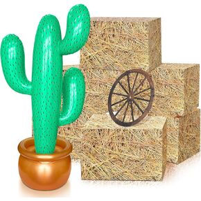 8 PCS Cowboy Party Decorations تشمل 6 صناديق بالات القش ديكور 1 عجلة خشبية العربة 1