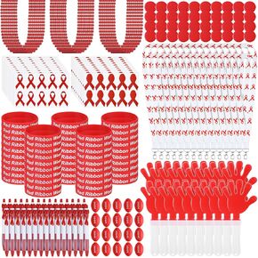 POEN 520 PCS RED REBBON AWARARENTEDS تشمل 300 ملصق أسبوع الشريط 20 CLAPPER 20 كرة القدم 50 WRISTBAND 30 NECK LANYARD 40 BUNTIN