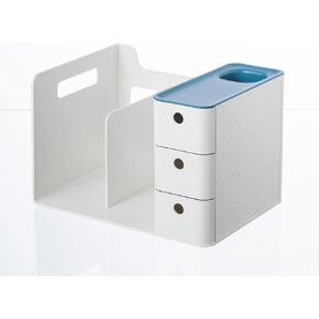 White Plastic Desktop Organizer with File Holder,3-tier Drawers with Pen Holder,Book Stand for Office Supplies and Desk Accessories (White+Blue)