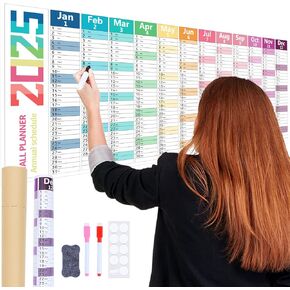 2025 Wall Calendar, Erasable Large Wet & Dry Erase Wall Planner, 12 Monthy Jan-Dec, Rolled Extra Thick Laminated Wall Calendar With Dry Wipe Pen & Adhesive Mounting Pads (Color)